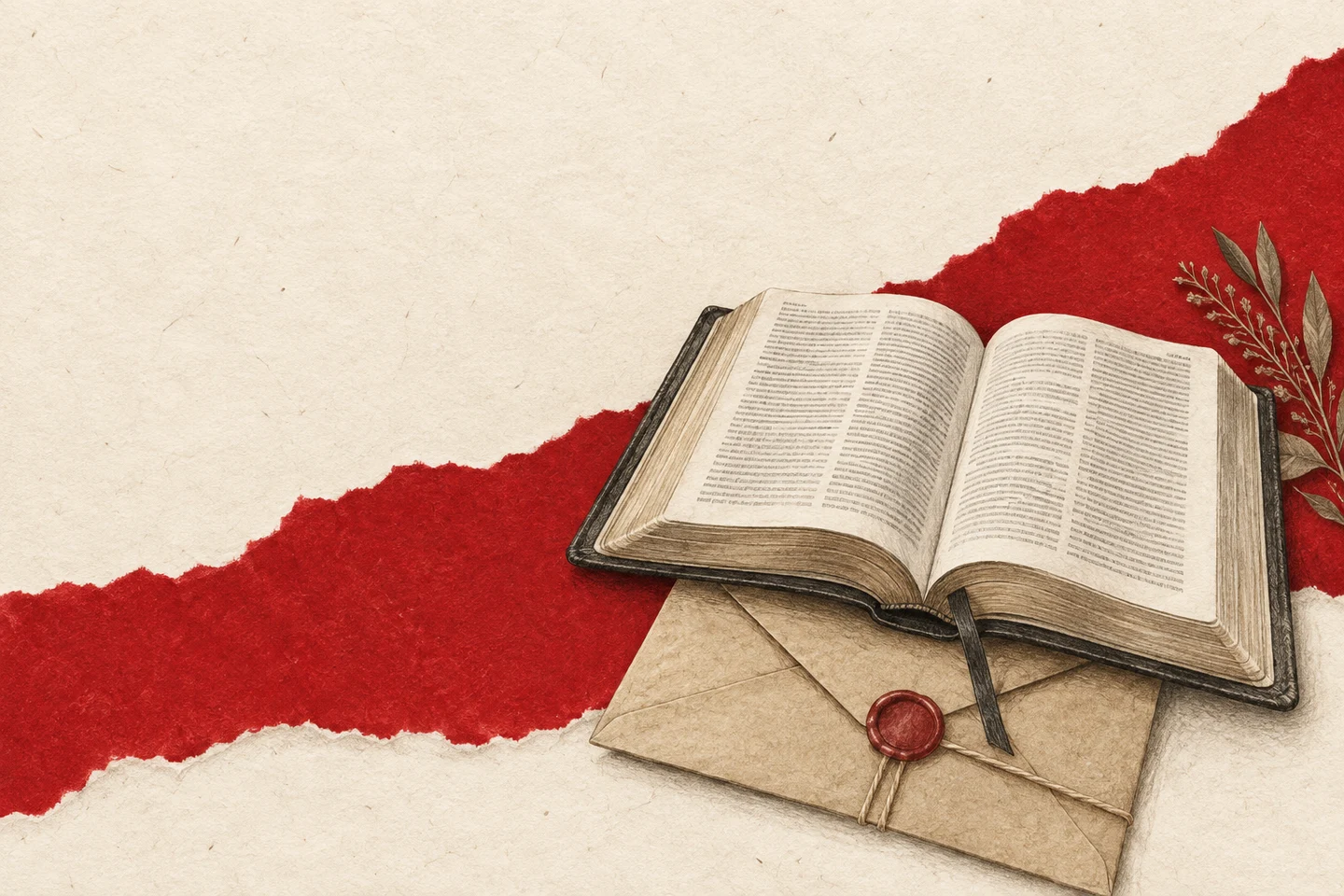 Illustration d’une Bible ouverte et d’une enveloppe sur papier déchiré